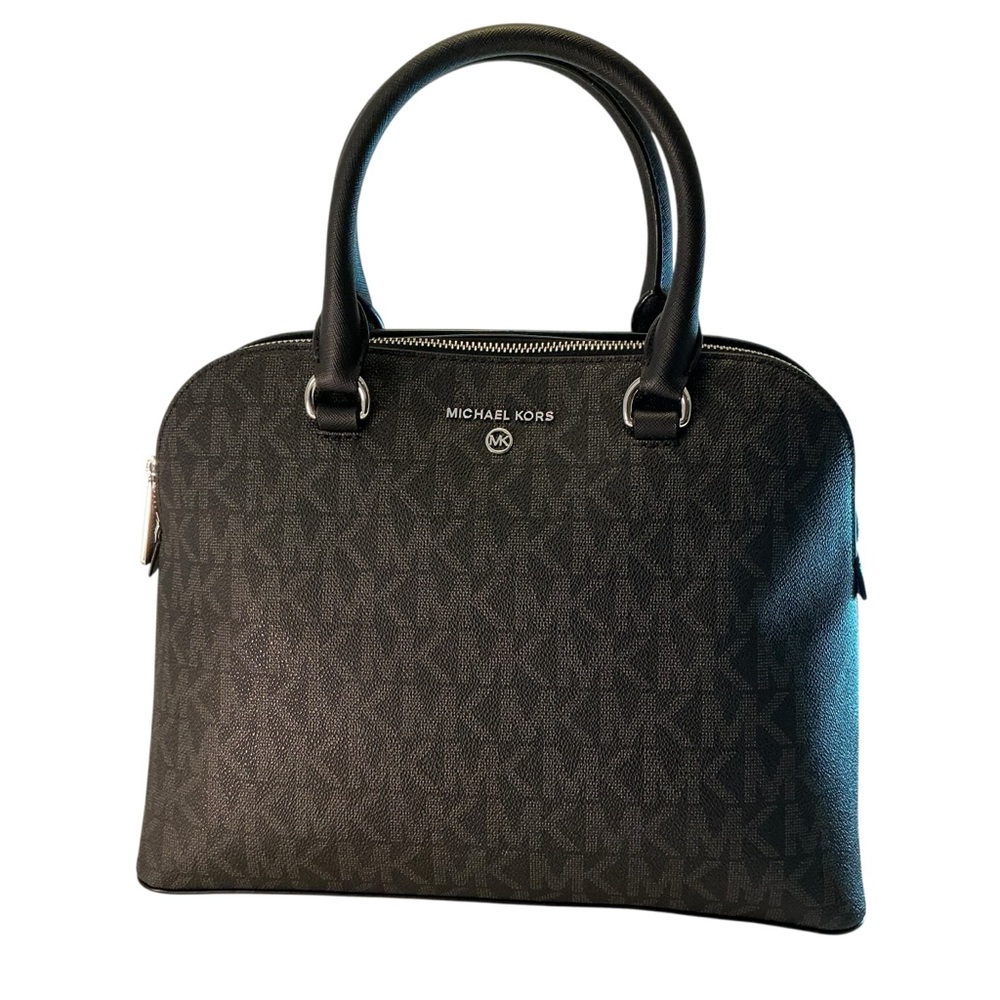 MICHAEL KORS Handbag Cindy Large Dome Satchel Double Handle Purse MK LOGO Black